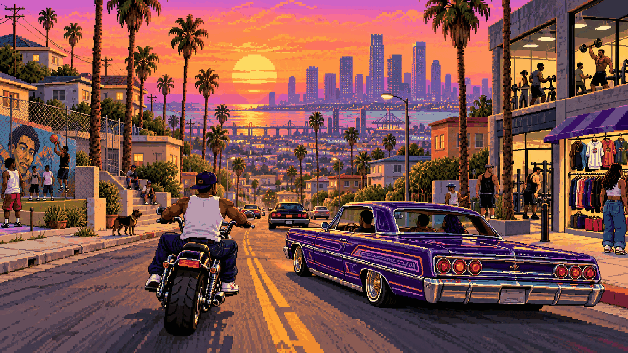 Bicicleta, academia, carro e cidade inspirados em GTA San Andreas em pixel art