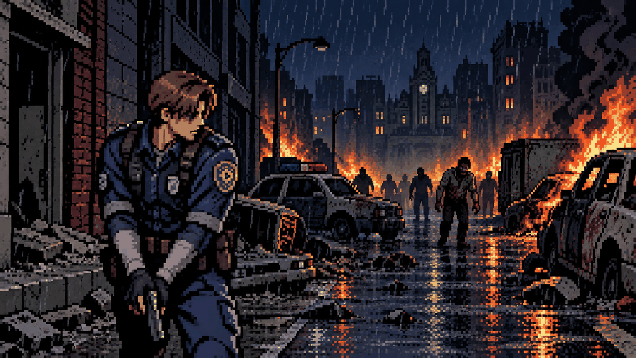 Leon S Kennedy em uma rua destruída de Raccoon City em pixel art