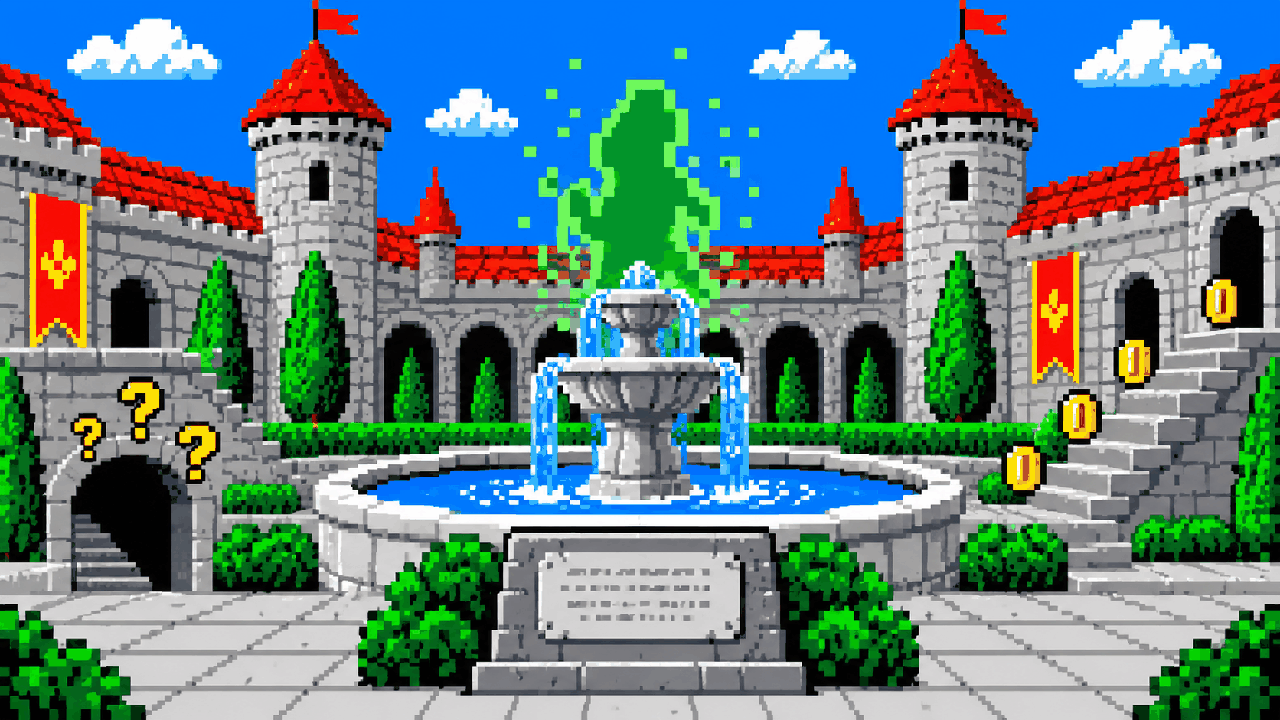 Chafariz de castelo com silhueta verde misteriosa em pixel art