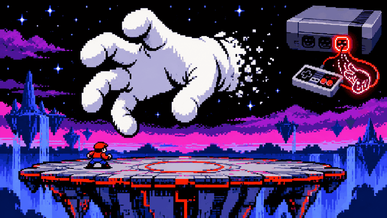 Mao gigante flutuando sobre arena de luta retro como chefe controlavel em pixel art