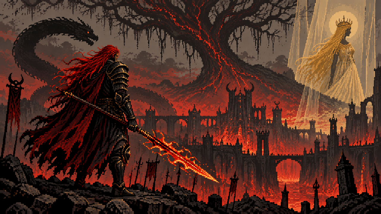 Messmer diante da Terra das Sombras em chamas