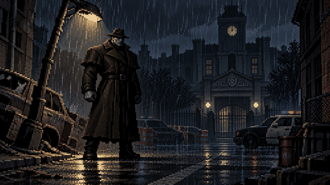 T-00 usando sobretudo e chapéu diante da delegacia em pixel art