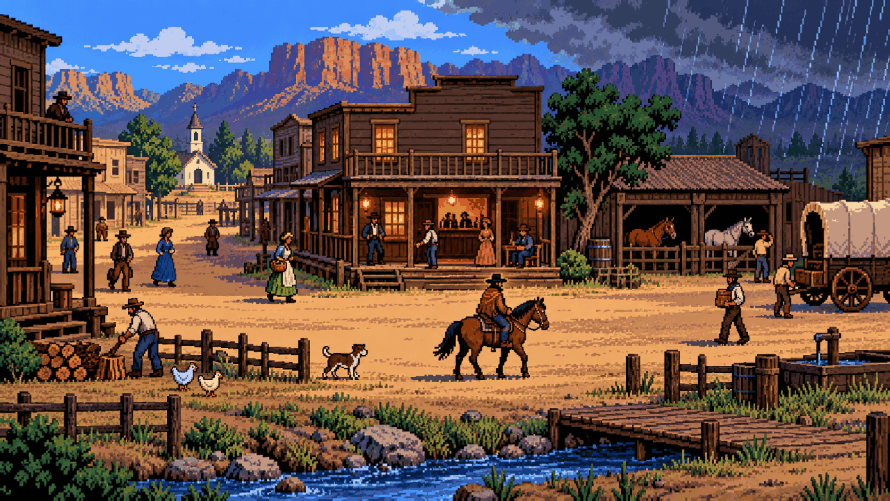 Cidade de faroeste com moradores, animais, carroças e chuva em pixel art