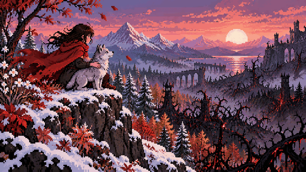 Mulher protegendo lobo jovem diante de uma floresta tomada por escuridão em pixel art