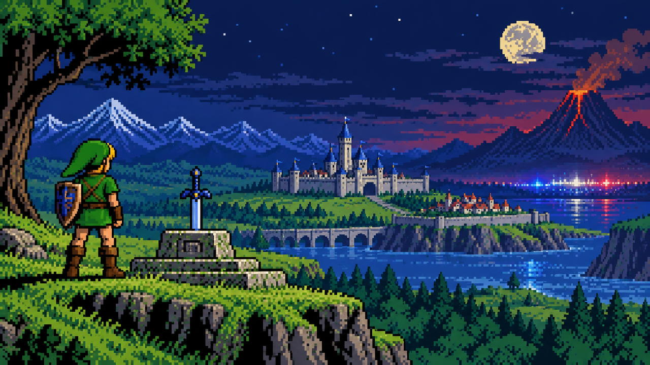 Link diante de Hyrule e da Master Sword em uma noite de 1998