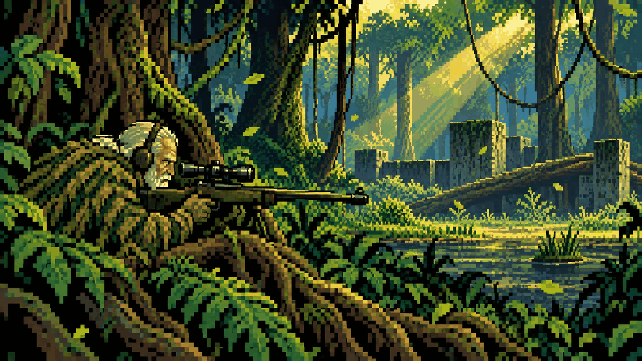 Sniper idoso escondido em uma floresta durante uma batalha em pixel art retrô