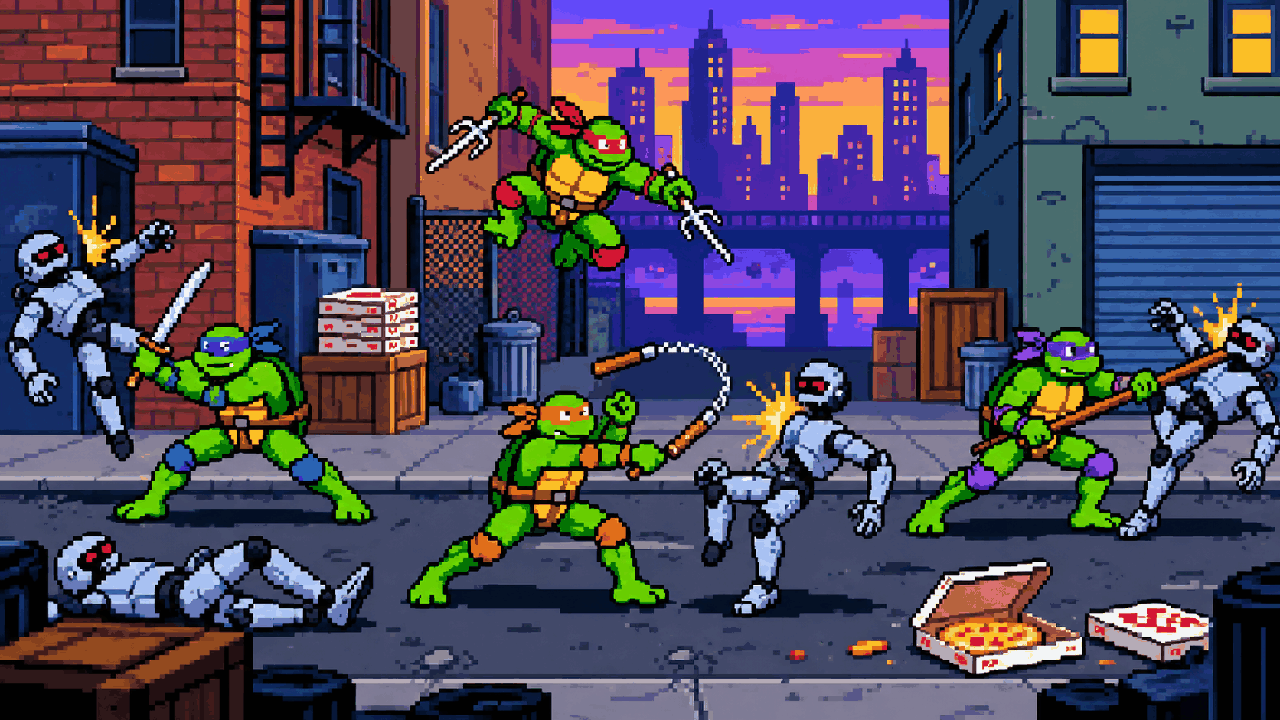 Beat em up colorido inspirado em TMNT Shredder's Revenge em pixel art