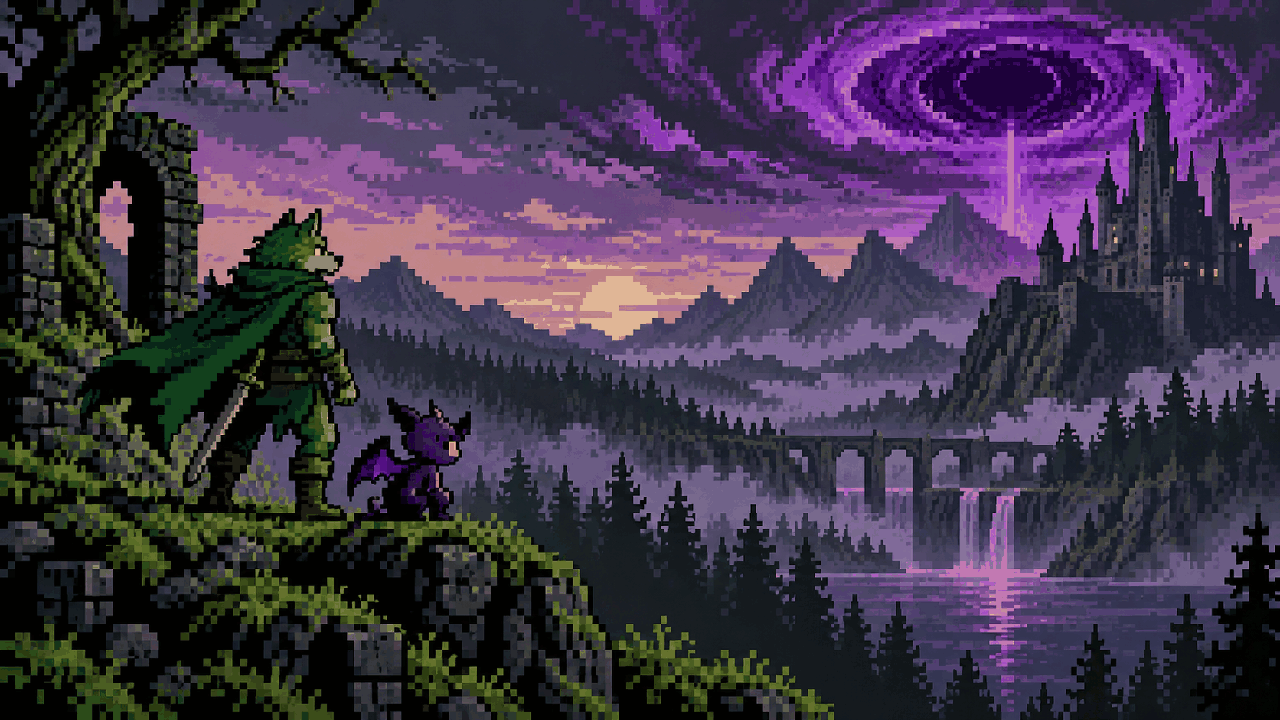 Link lobo e Midna diante de um portal de crepúsculo em pixel art