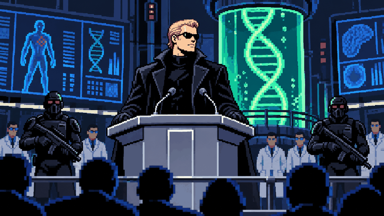 Wesker em um laboratório biotecnológico durante um comício