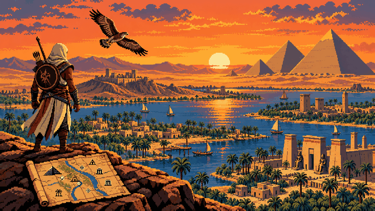 Bayek observando o Egito do alto em pixel art