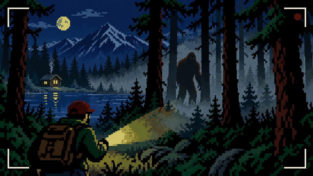 Caçador com lanterna procurando Bigfoot em floresta enevoada em pixel art