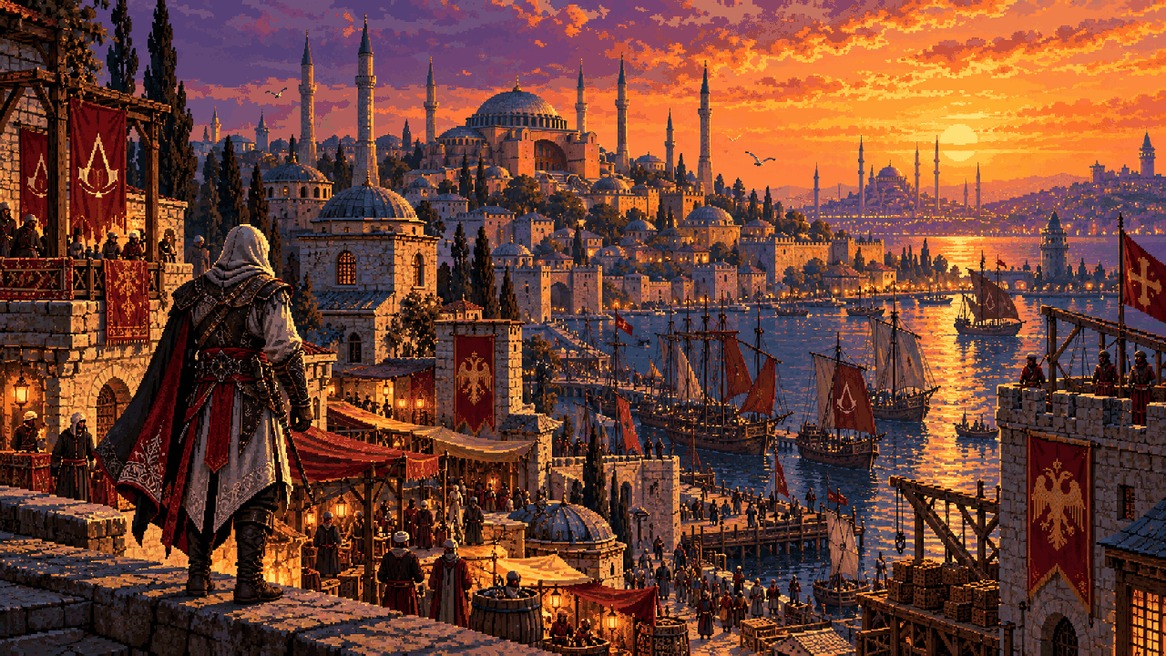 Ezio chegando a Constantinopla entre cúpulas e navios