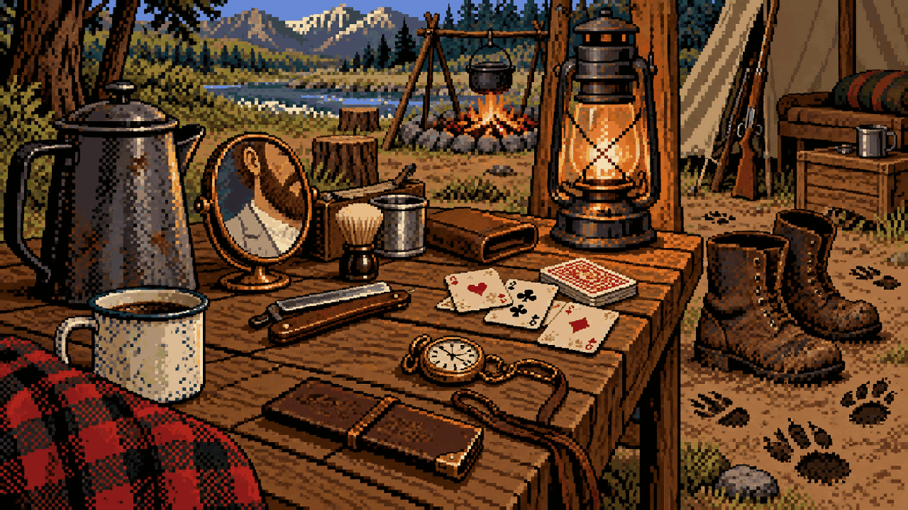Mesa de acampamento com café, cartas, botas, lanterna e objetos pequenos em pixel art