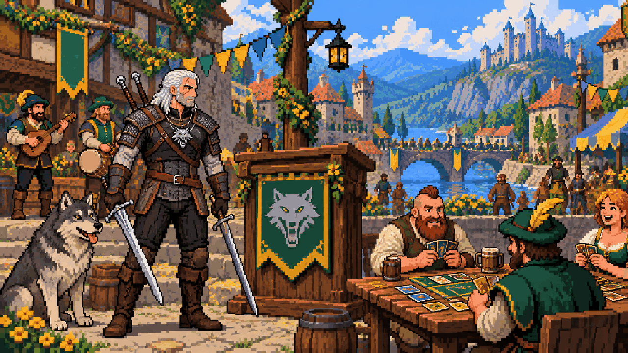 Geralt de Rivia em um palanque medieval com espadas e uma mesa de cartas em pixel art