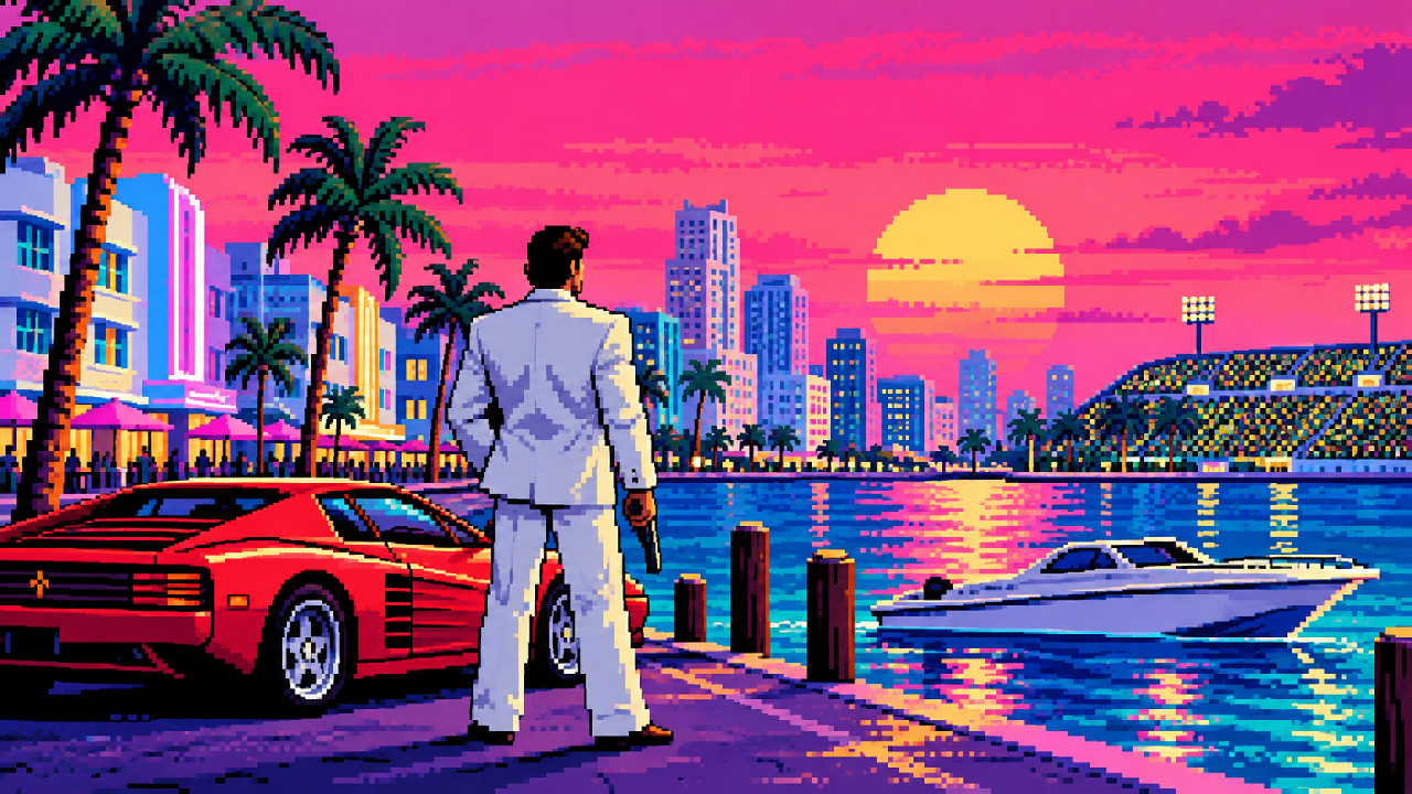 Tommy Vercetti diante da cidade tropical de Vice City