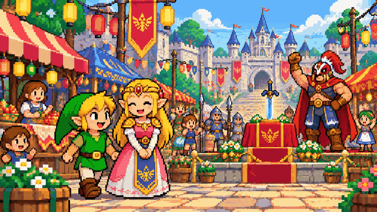Link e Zelda caminham juntos pelo Festival Picori em Hyrule em pixel art
