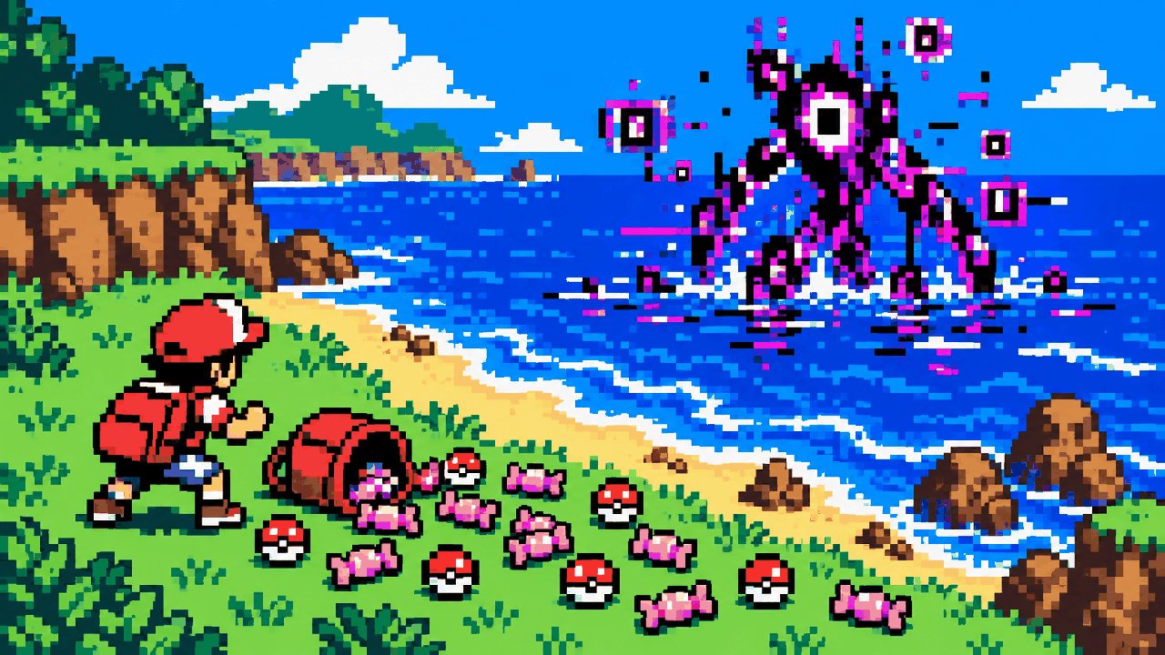 Criatura glitchada surgindo no mar com itens duplicados em jogo portatil retro