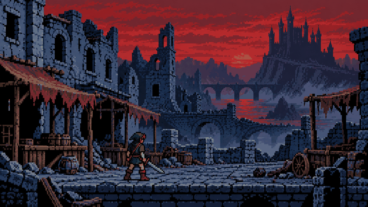 Link adulto atravessa uma Hyrule abandonada com um castelo escuro ao fundo em pixel art
