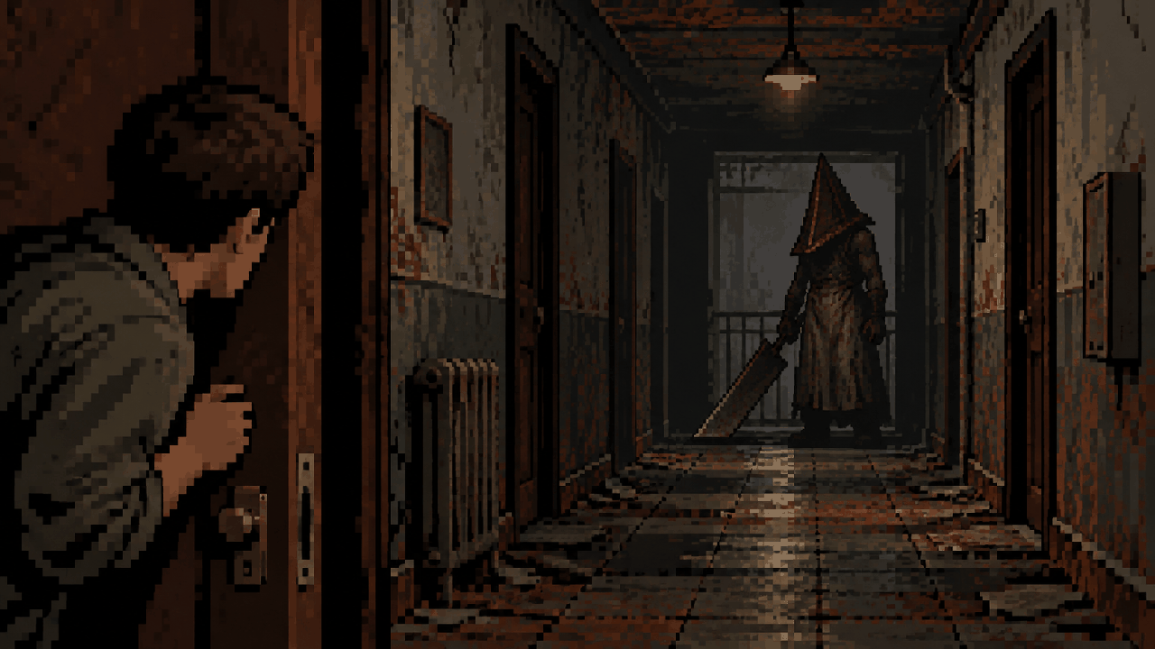 Pyramid Head em corredor escuro de apartamento em pixel art