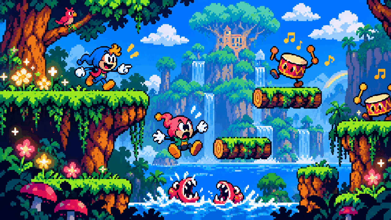 Plataforma colorida e caótica inspirada em Rayman Legends em pixel art