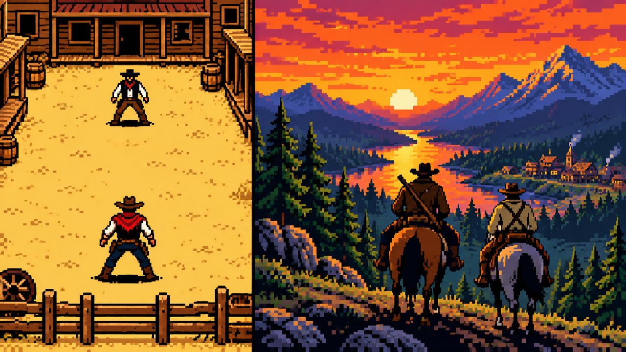 Franquia Red Dead evoluindo de duelo de arcade para faroeste de mundo aberto
