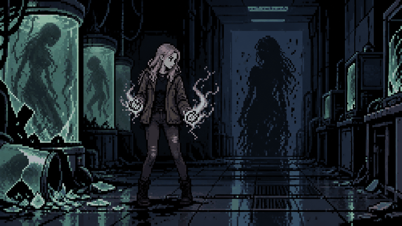 Rose Winters em um laboratório sombrio com energia biológica em pixel art