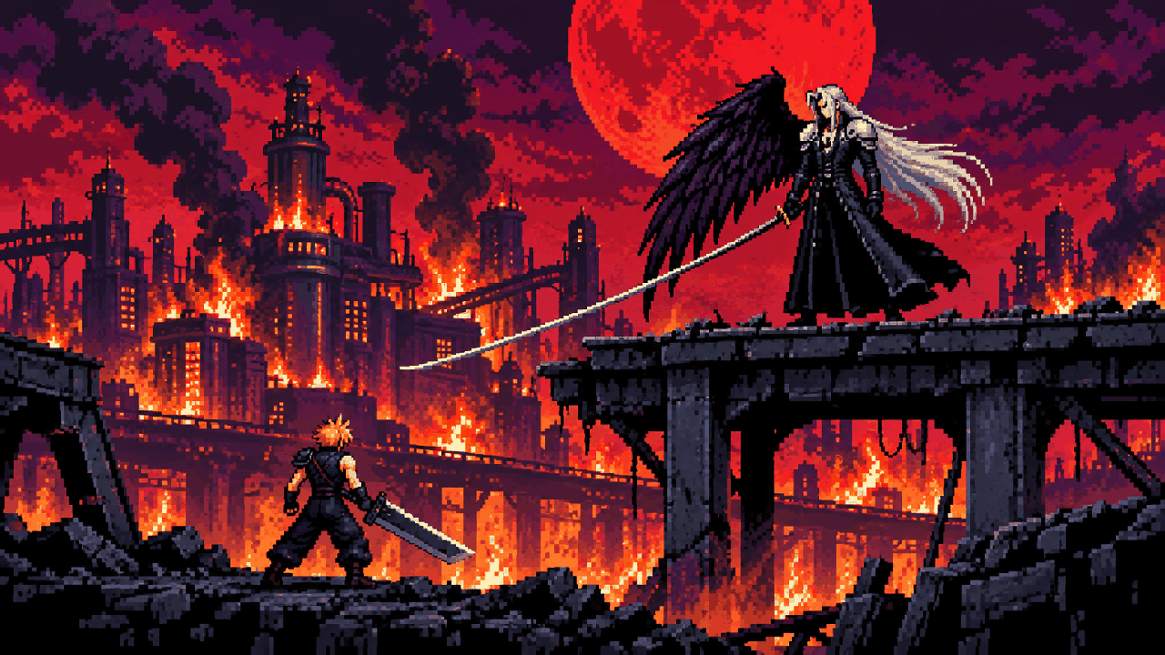 Guerreiro de cabelos prateados com uma asa negra diante de uma cidade em chamas em pixel art