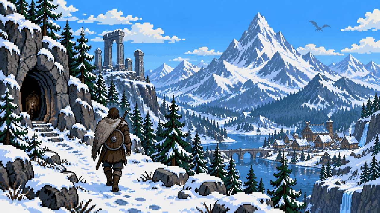 Aventureiro diante de montanhas nevadas inspirado em Skyrim em pixel art