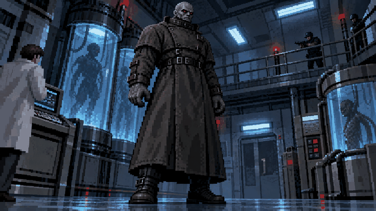 Tyrant T-103 com sobretudo em um laboratório com luzes de emergência em pixel art