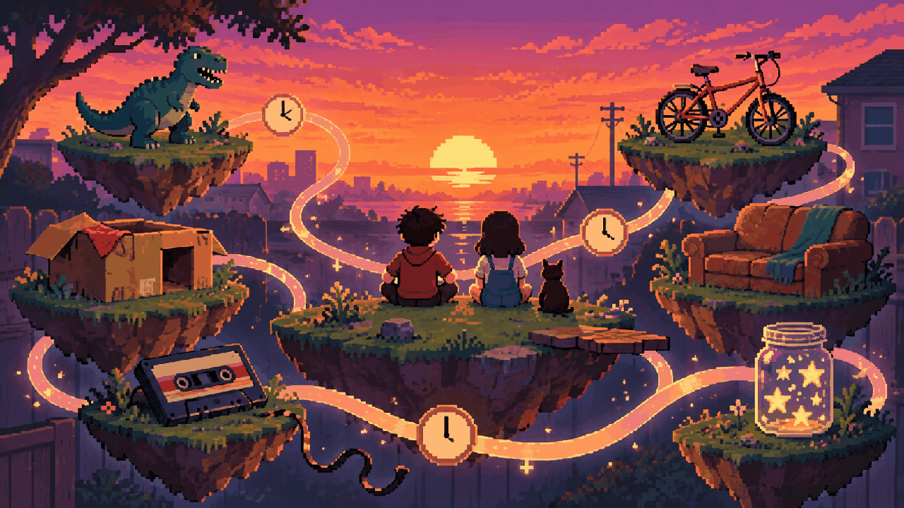 Dois amigos em ilhas de memórias de infância em pixel art