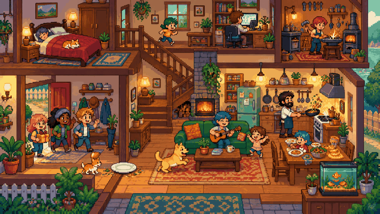 Casa construída e família vivendo uma rotina em pixel art inspirada em The Sims
