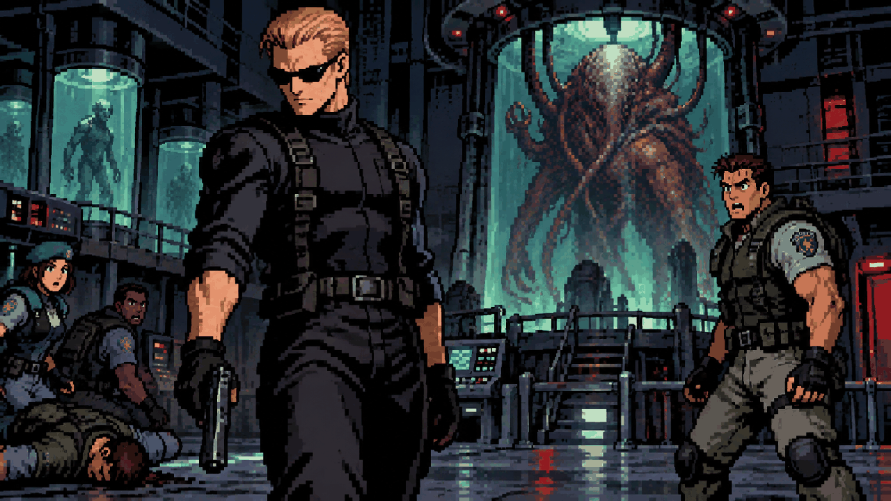 Wesker traindo o S.T.A.R.S. dentro de um laboratório secreto