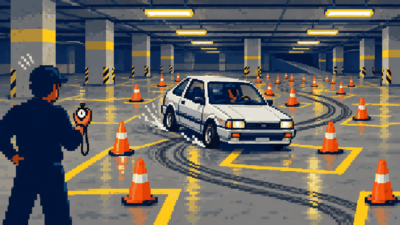 Carro fazendo manobras em garagem cheia de cones