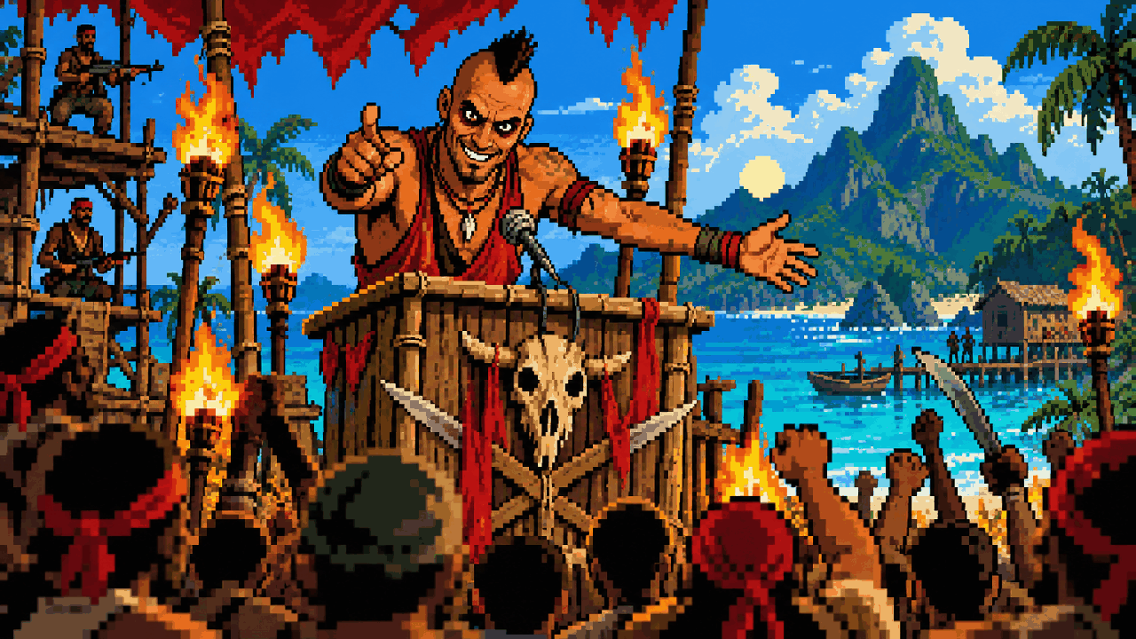 Vaas em um palanque improvisado em uma ilha tropical
