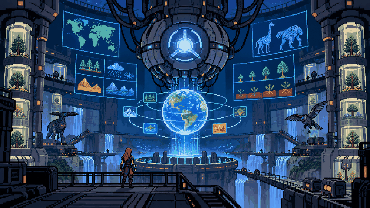 GAIA e o Projeto Zero Dawn em uma instalação de terraformação em pixel art