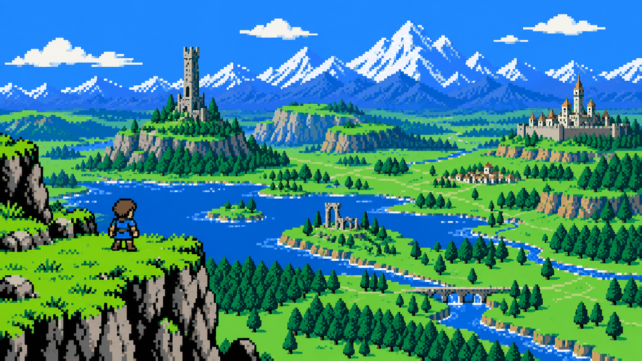 Aventureiro observando reino aberto inspirado em Breath of the Wild em pixel art