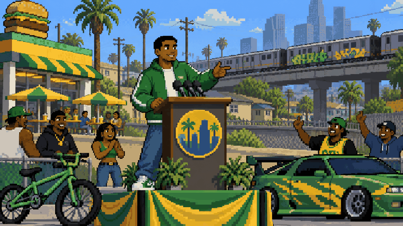 CJ diante de um palanque urbano com bicicleta, lanchonete e trilhos de trem em pixel art