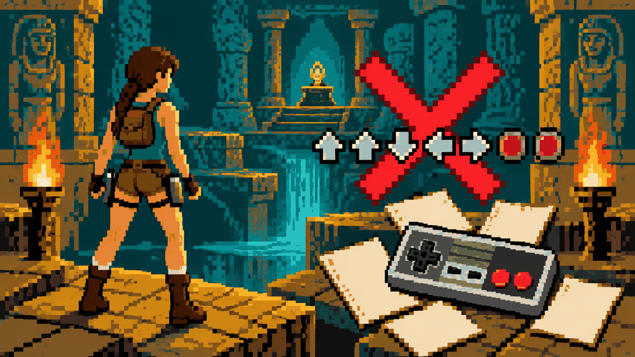 Aventureira em tumba com código falso de controle em pixel art