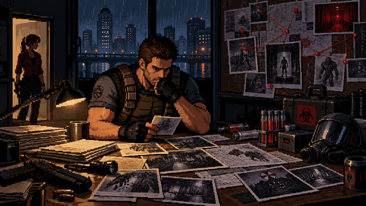 Chris investigando operações da Umbrella em uma sala escura