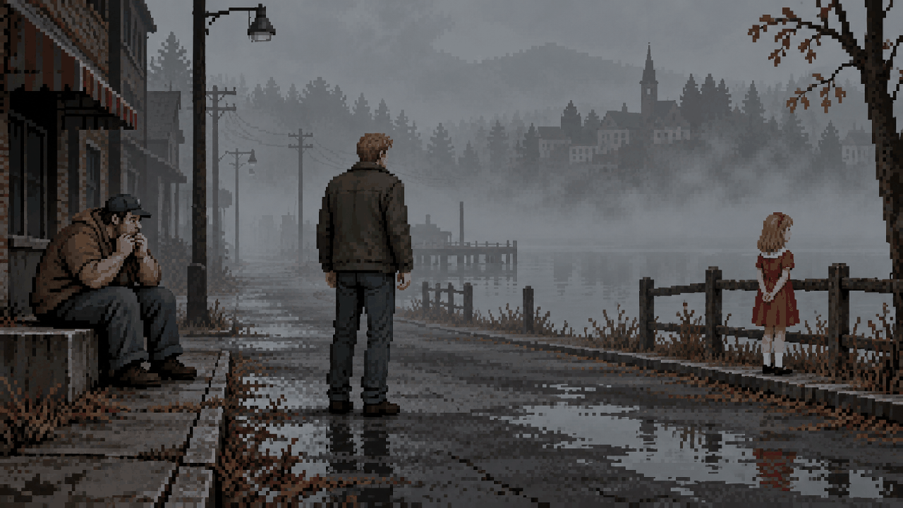 Eddie e Laura em cenário vazio de Silent Hill 2 em pixel art