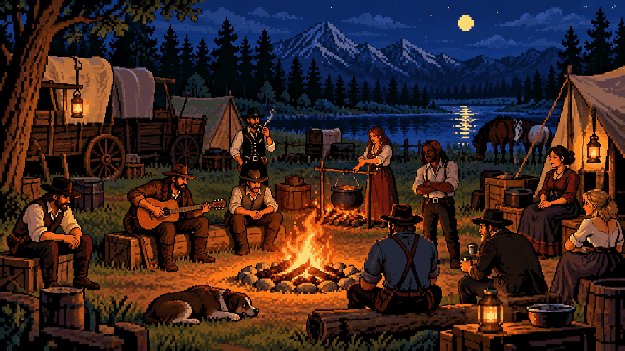 Gangue Van der Linde reunida ao redor de uma fogueira em pixel art
