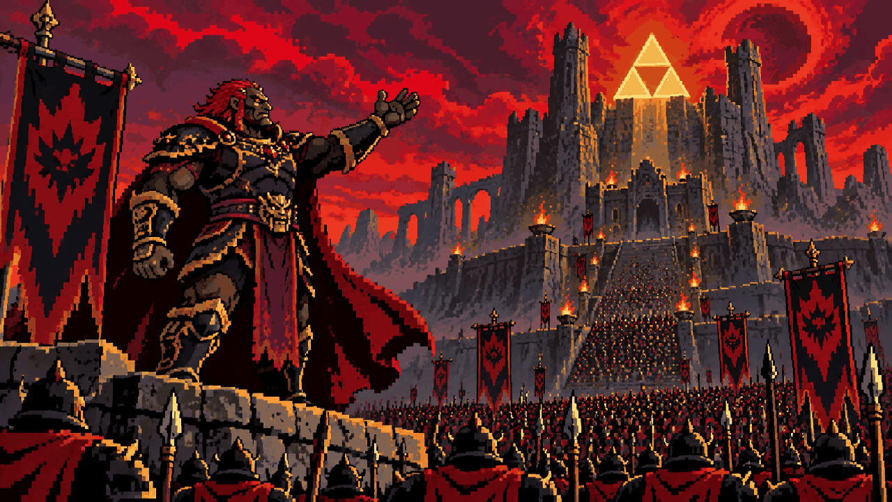Ganondorf diante de um castelo em ruínas e uma relíquia dourada