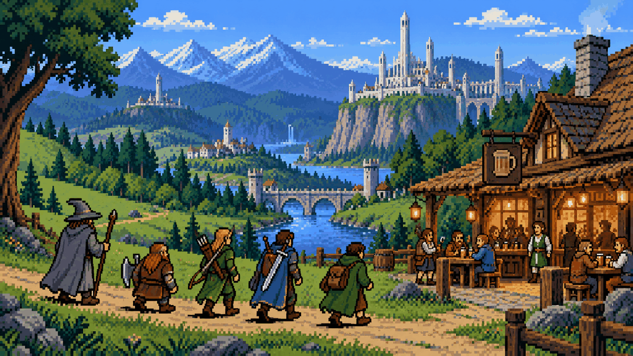 Grupo de aventureiros viajando pela Terra-media em pixel art