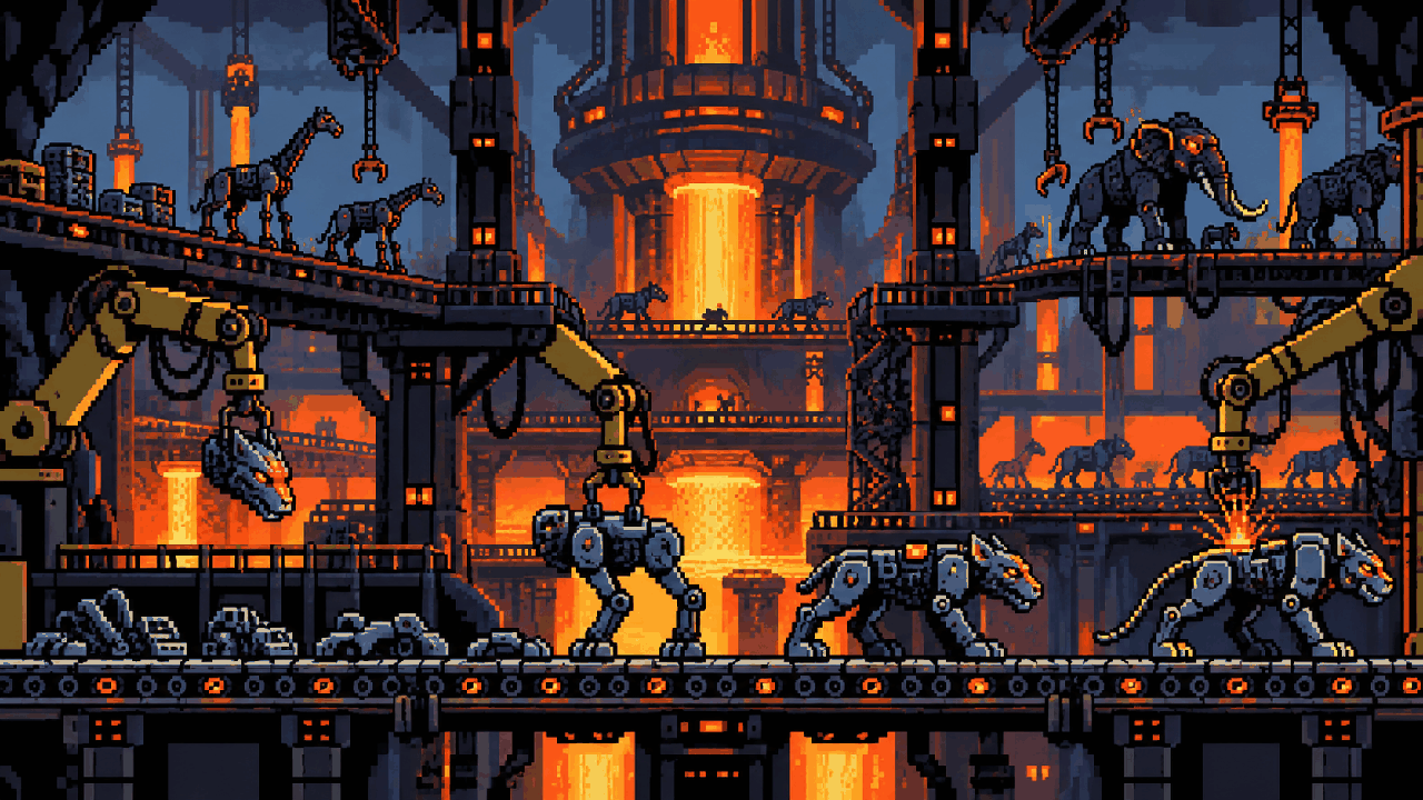 Máquinas autônomas trabalhando na reconstrução de um planeta em pixel art