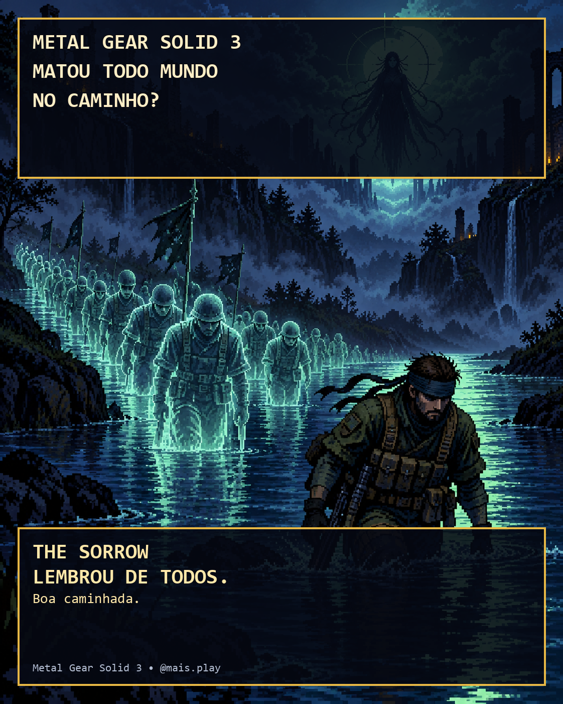 Snake atravessando um rio cercado por fantasmas de soldados