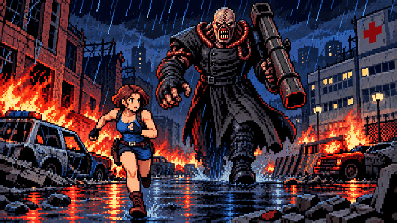 Monstro gigante de sobretudo com lança-foguetes perseguindo uma sobrevivente em cidade destruída em pixel art