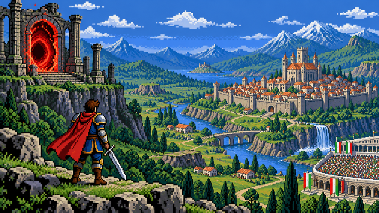 Aventureiro observa Cyrodiil e um portal de Oblivion