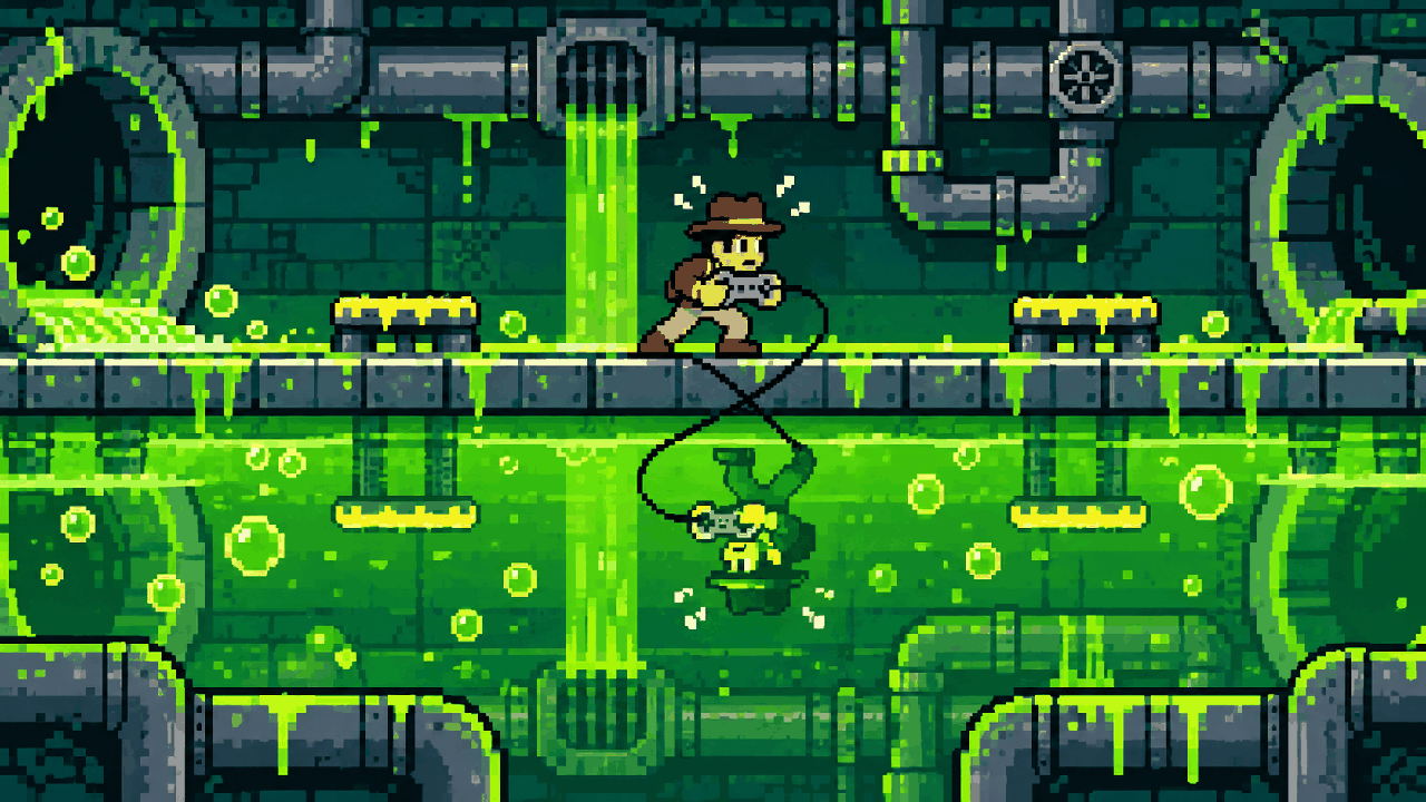 Fase de canos tóxicos com controle invertido em pixel art