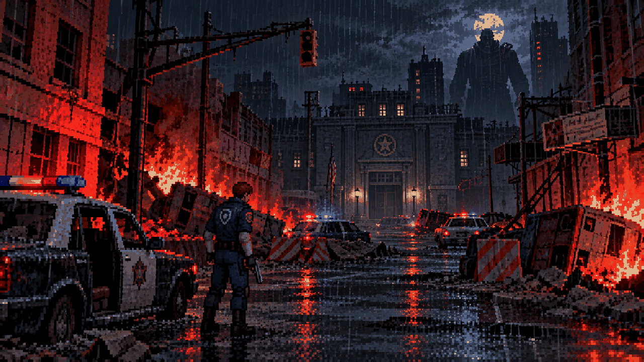 Raccoon City em colapso durante o surto do T-Virus em pixel art