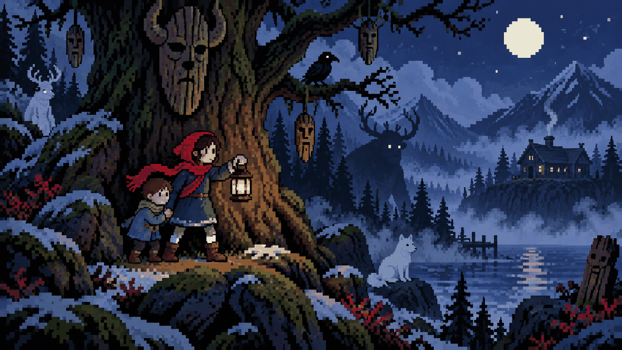 Menina com lanterna protegendo irmão em floresta de folclore nórdico em pixel art